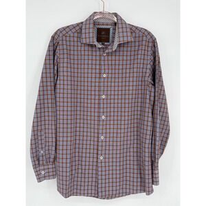 Tattersall Plaid Long Sleeve Button Down Shirt Men's Style Sz 16 Brown Blue‎
